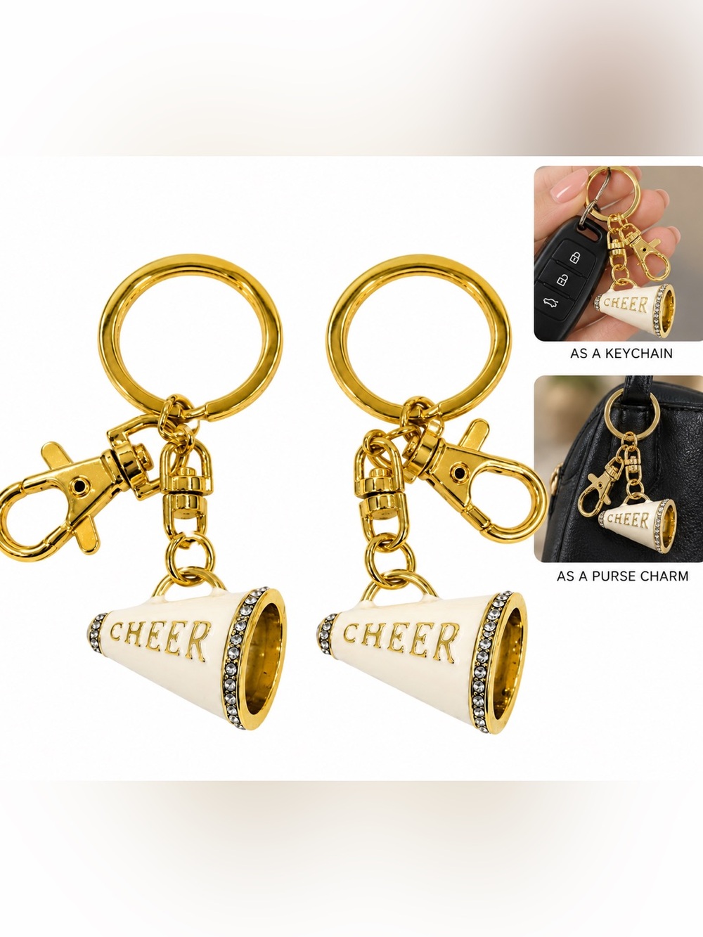 2 Gold White 'Cheer' enamel Megaphone Keychain purse bag Charm cheerleader gift